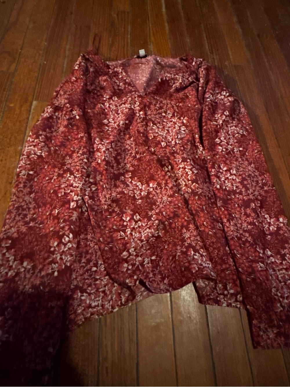 Red Floral Long Sleeve V-Neck Blouse